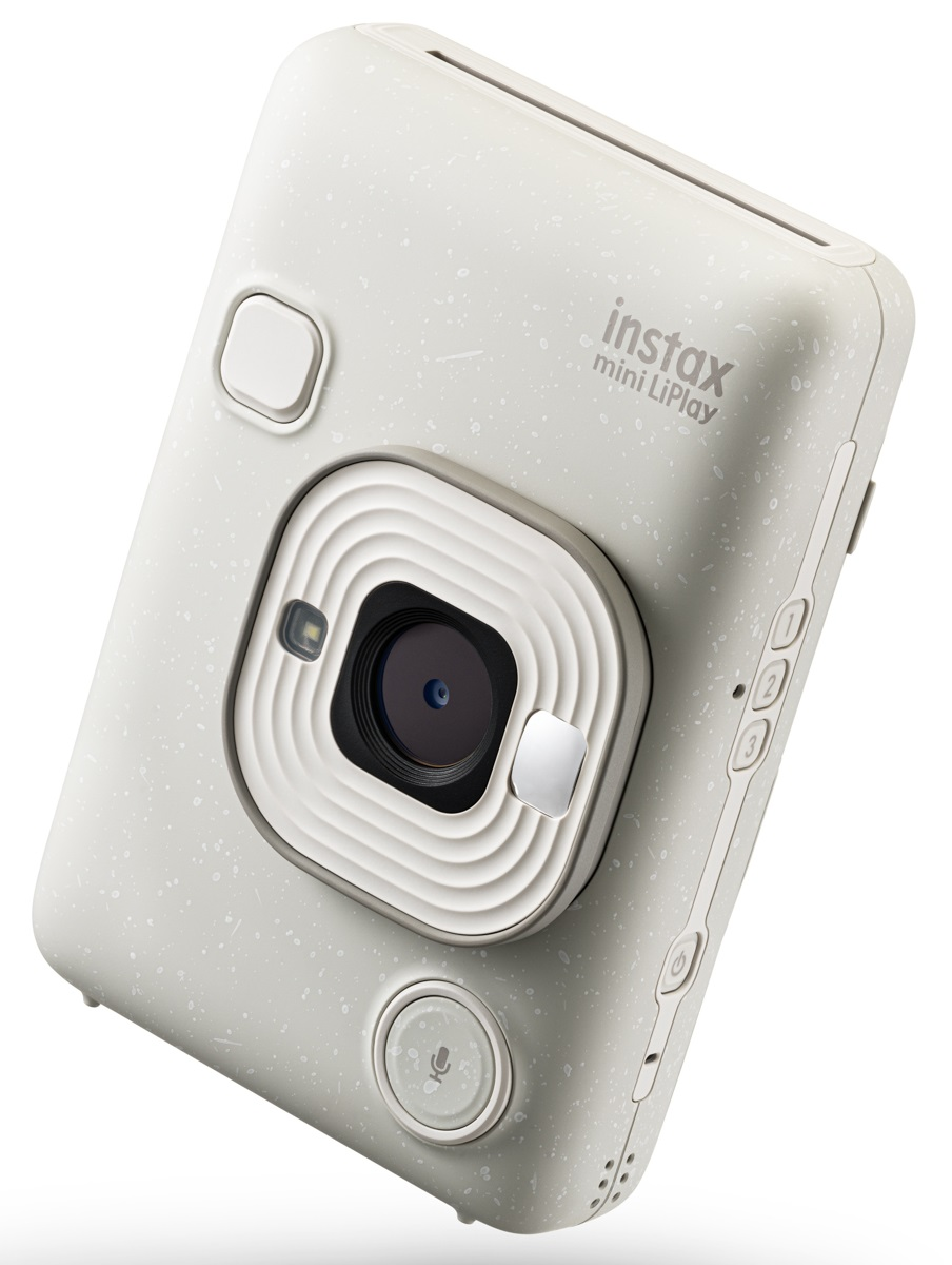 Biały aparat Instax mini LiPlay, białe tło.