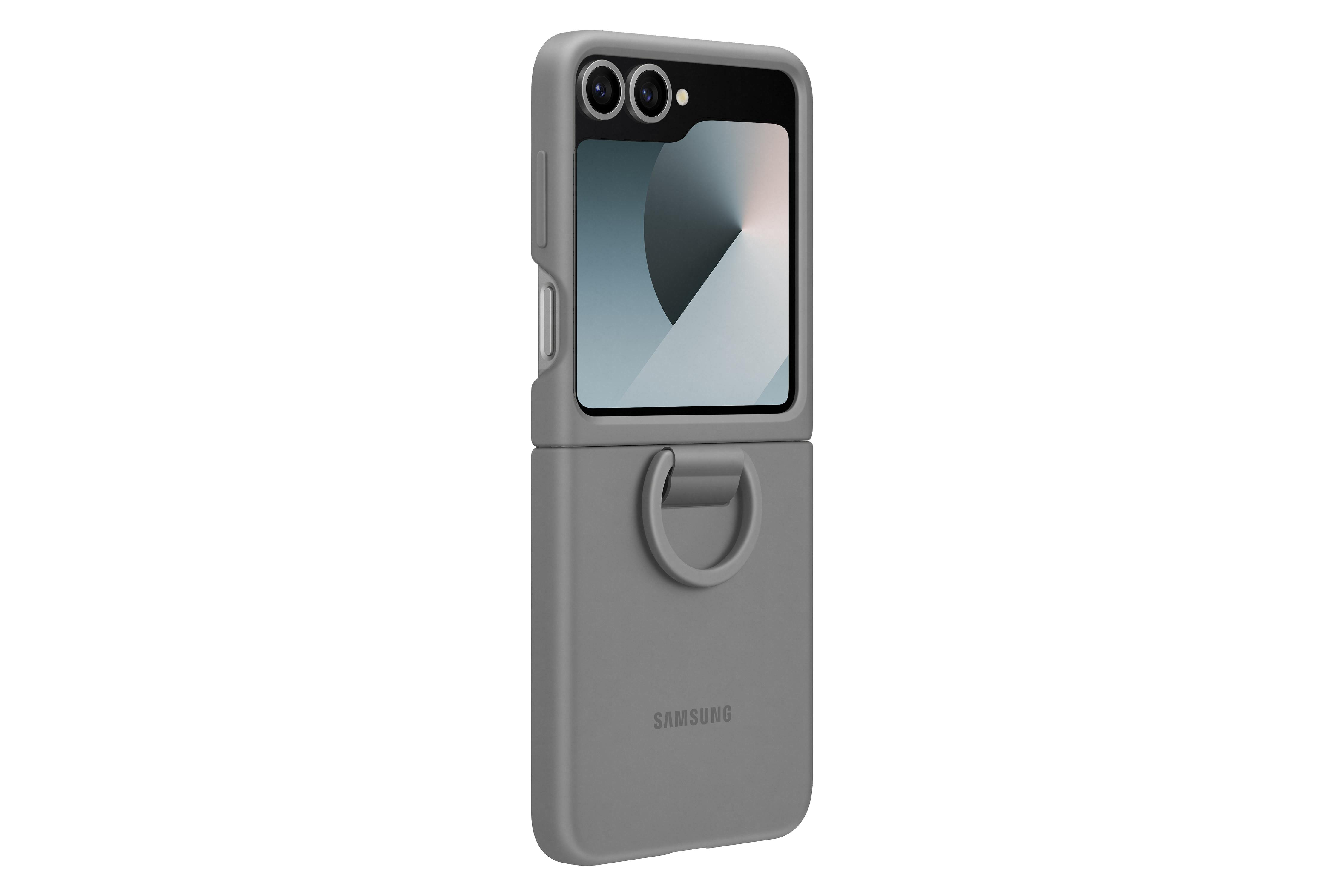 Graue Handyhülle mit Ring, Samsung-Logo und Telefon.