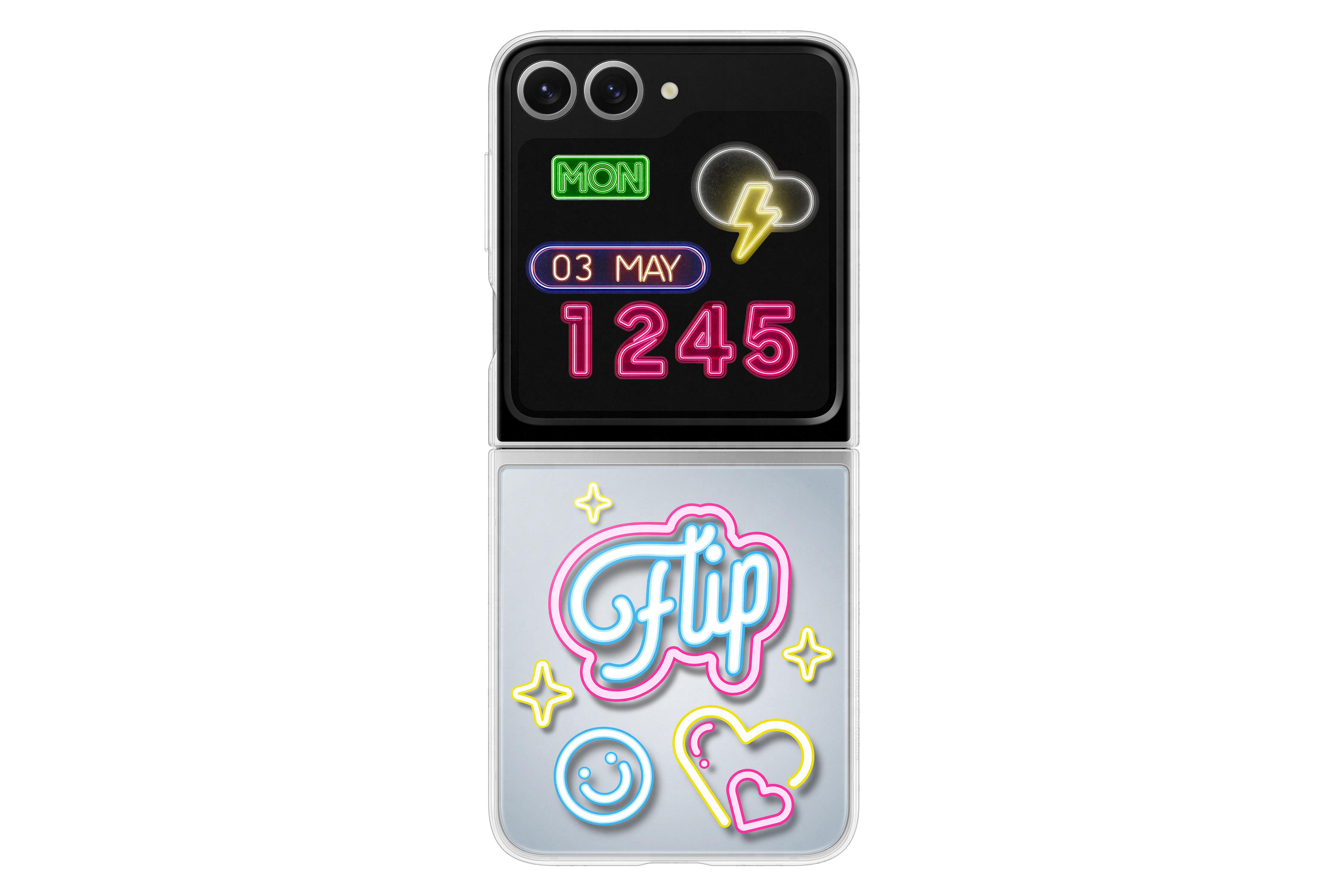 Eine schwarz-silberne Handyhülle mit Neon-Display, das Datum, Uhrzeit und Emojis zeigt.