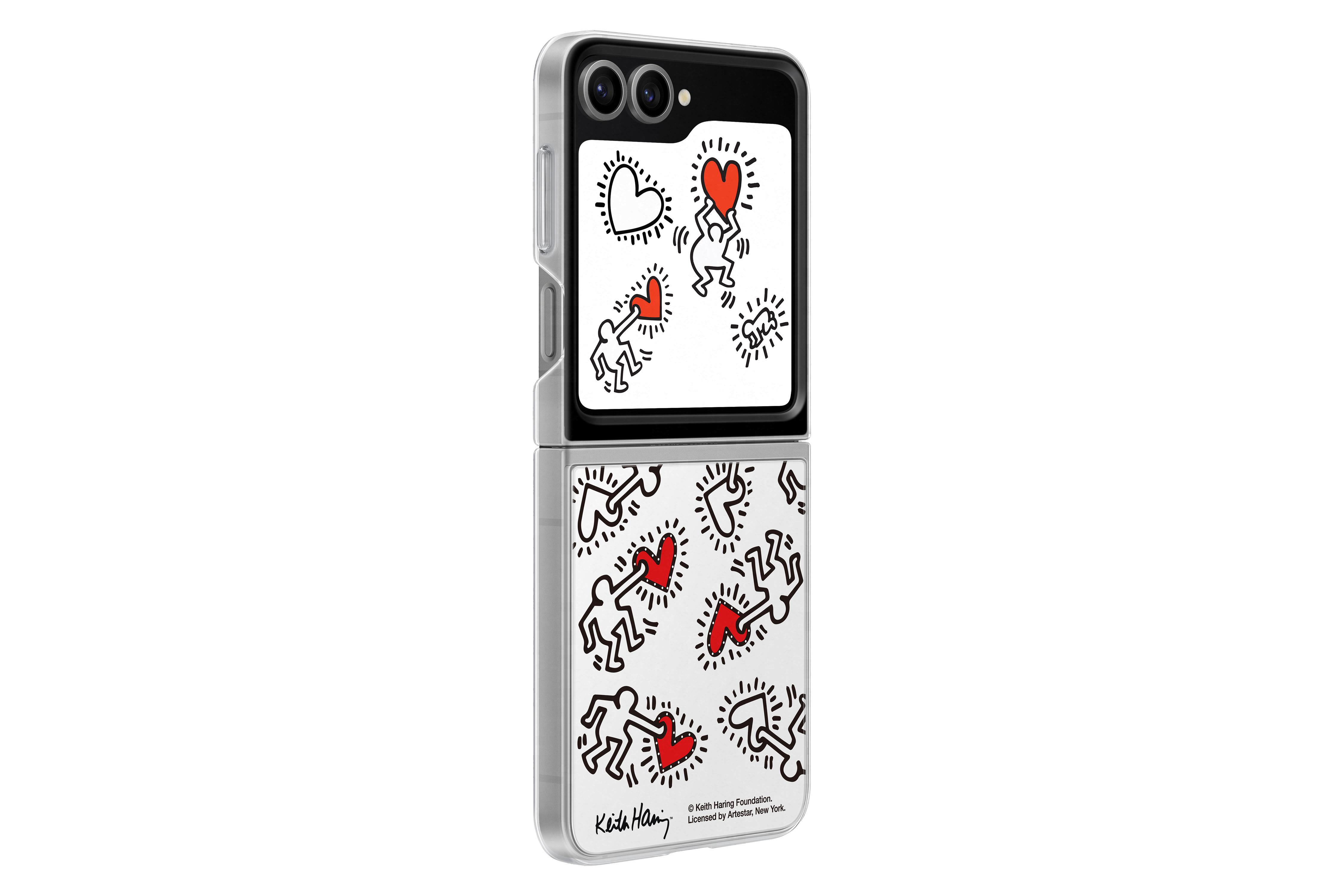 Ein faltbares Telefon mit weißer Hülle mit Keith Haring Kunstwerk.