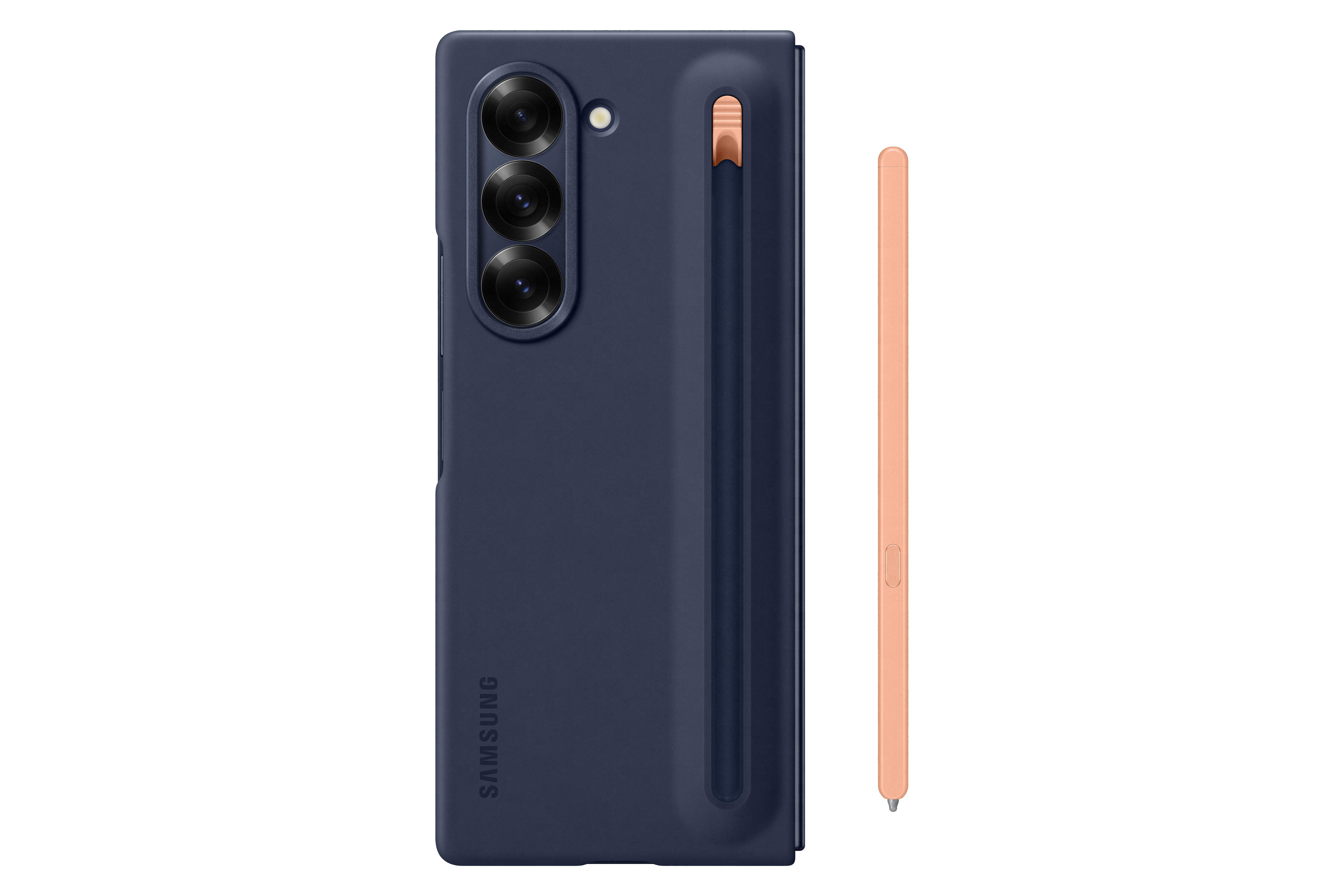 Gefaltetes marineblaues Telefon mit Stift. Kameralinsen auf der Rückseite. Samsung Logo.