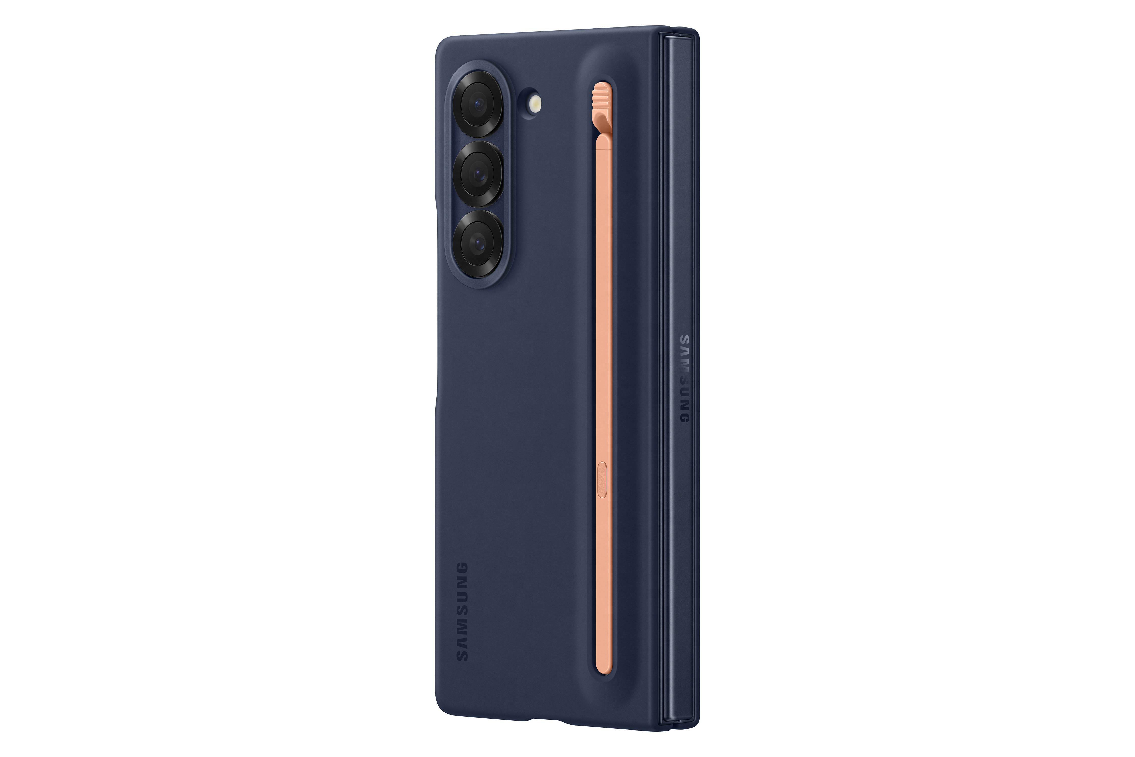 Blaues faltbares Telefon mit Stift. Text: Samsung.