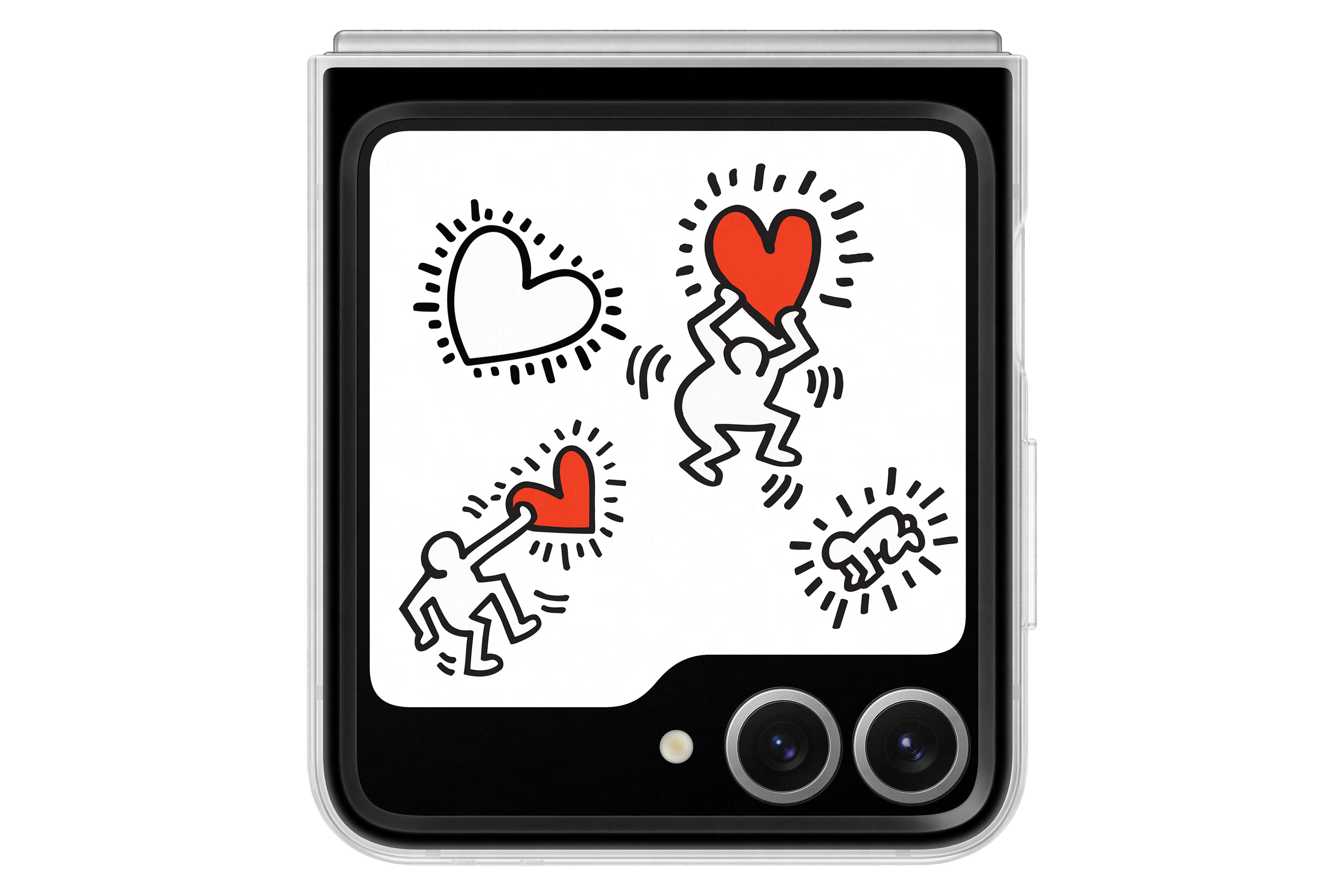 Weißes Telefon, Bildschirm zeigt Keith Haring Kunst: Figuren halten Herzen auf weißem Hintergrund.
