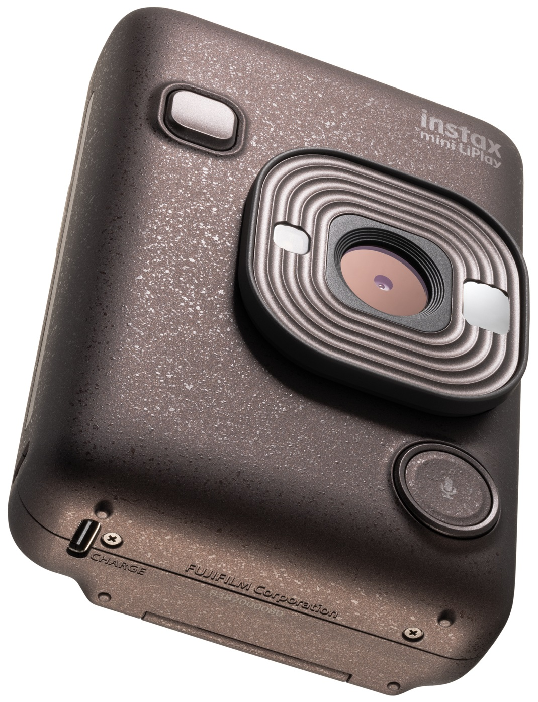 Brązowy aparat natychmiastowy z obiektywem i przyciskami, pokazujący logo Fujifilm.