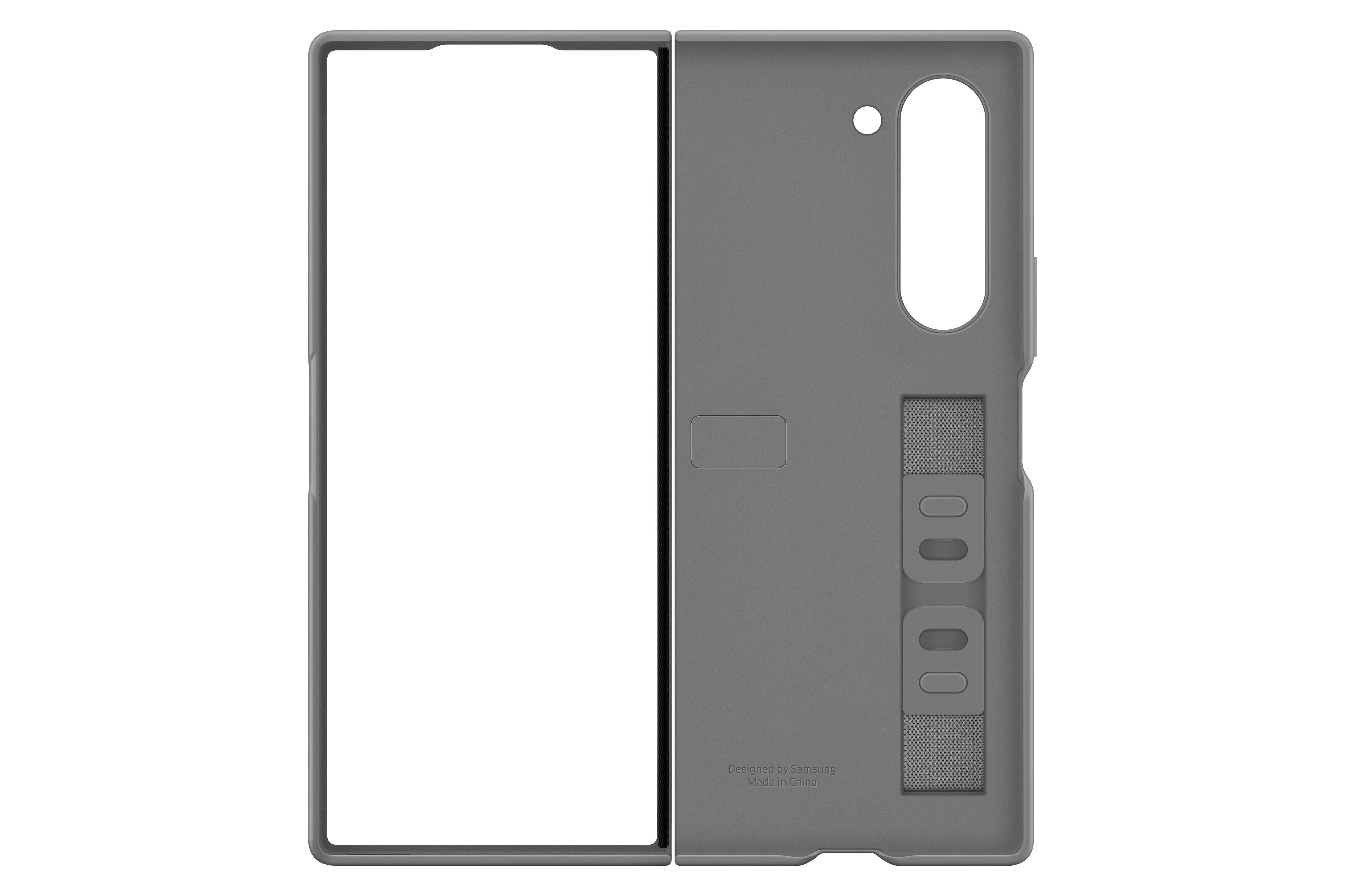 Eine graue Handyhülle, offen auf weißem Hintergrund. Entworfen von Samsung.