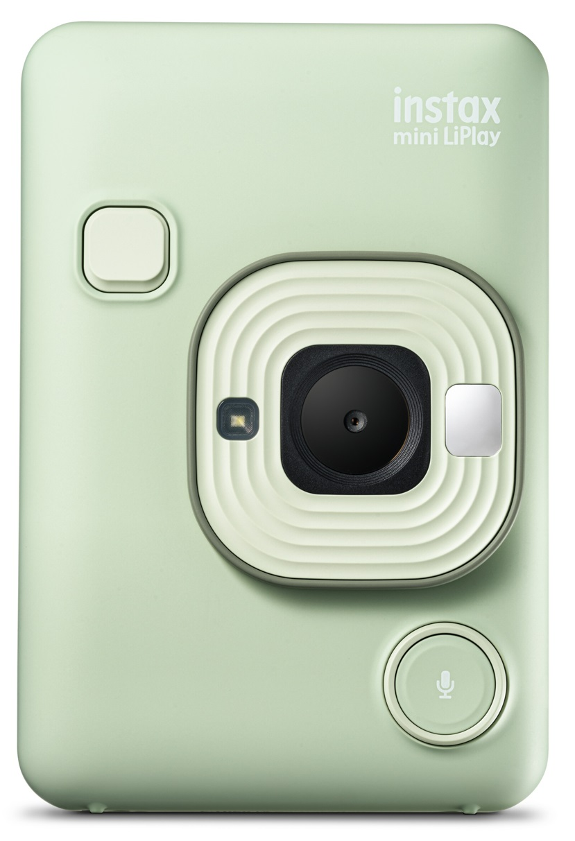 Jasnozielony aparat Instax z obiektywem, lampą błyskową i przyciskiem mikrofonu.