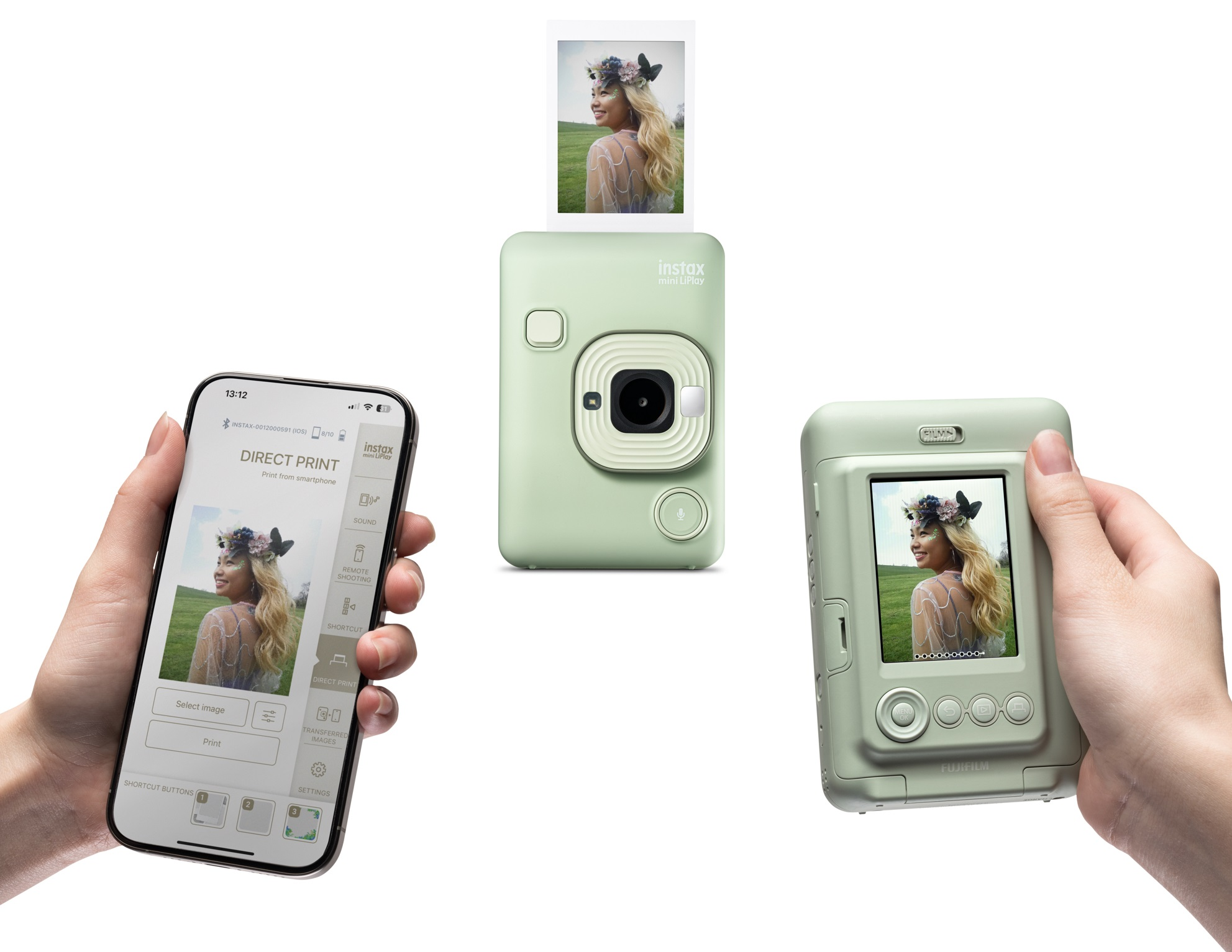 Aparat natychmiastowy z wydrukiem, smartfon i inny aparat pokazujący wydruk.