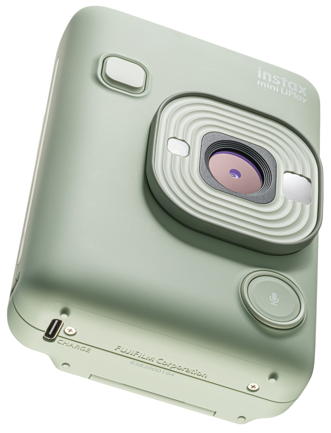 Miętowa kamera Instax mini LiPlay, widok z perspektywy, białe tło.