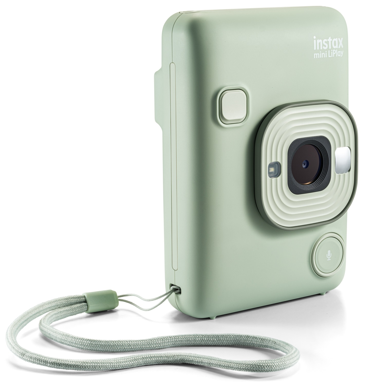 Zielony aparat Instax Mini LiPlay z paskiem na nadgarstek. Obiektyw jest wyśrodkowany.