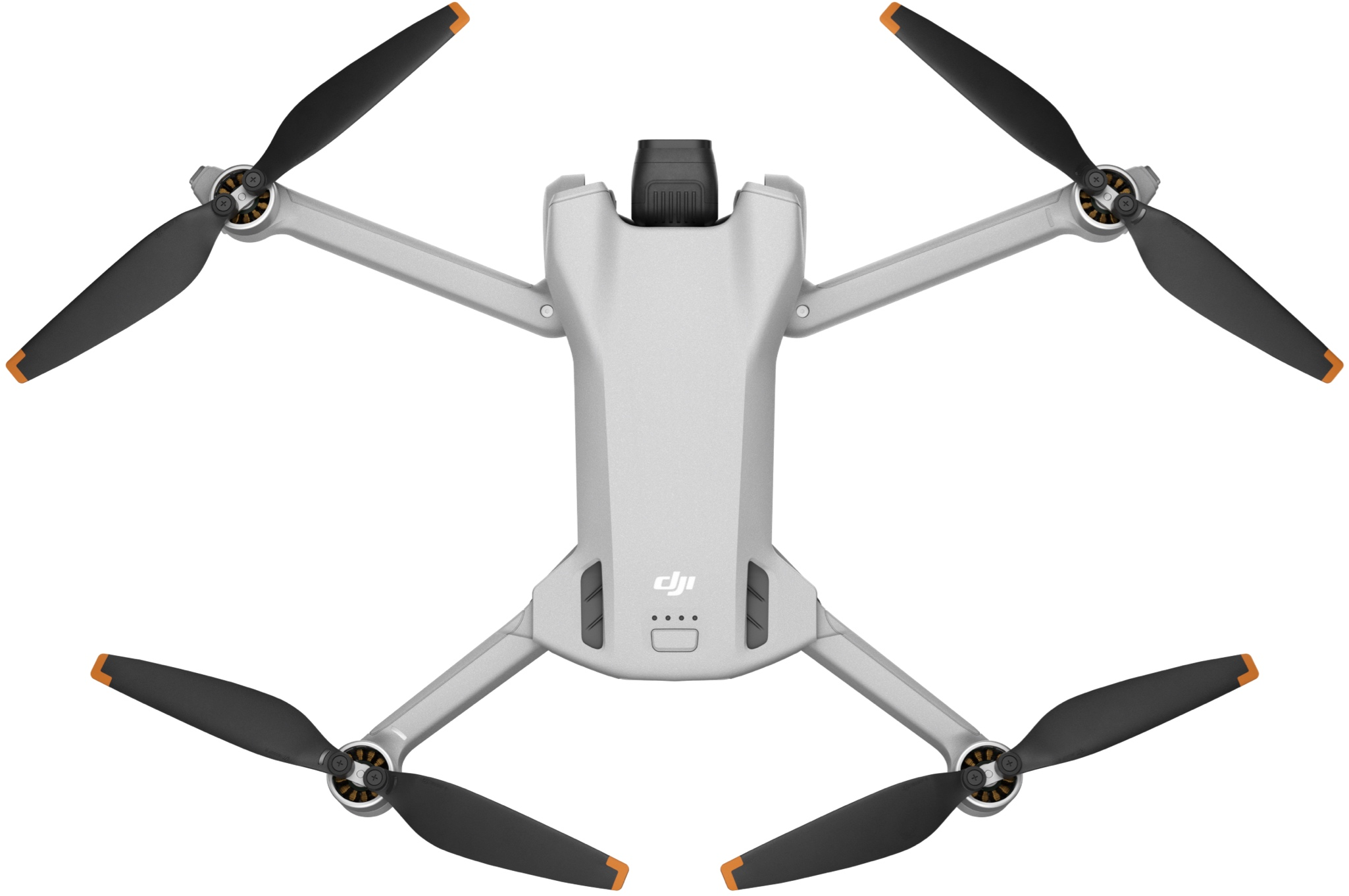 Un drone grigio con quattro eliche nere e dettagli arancioni su sfondo bianco.