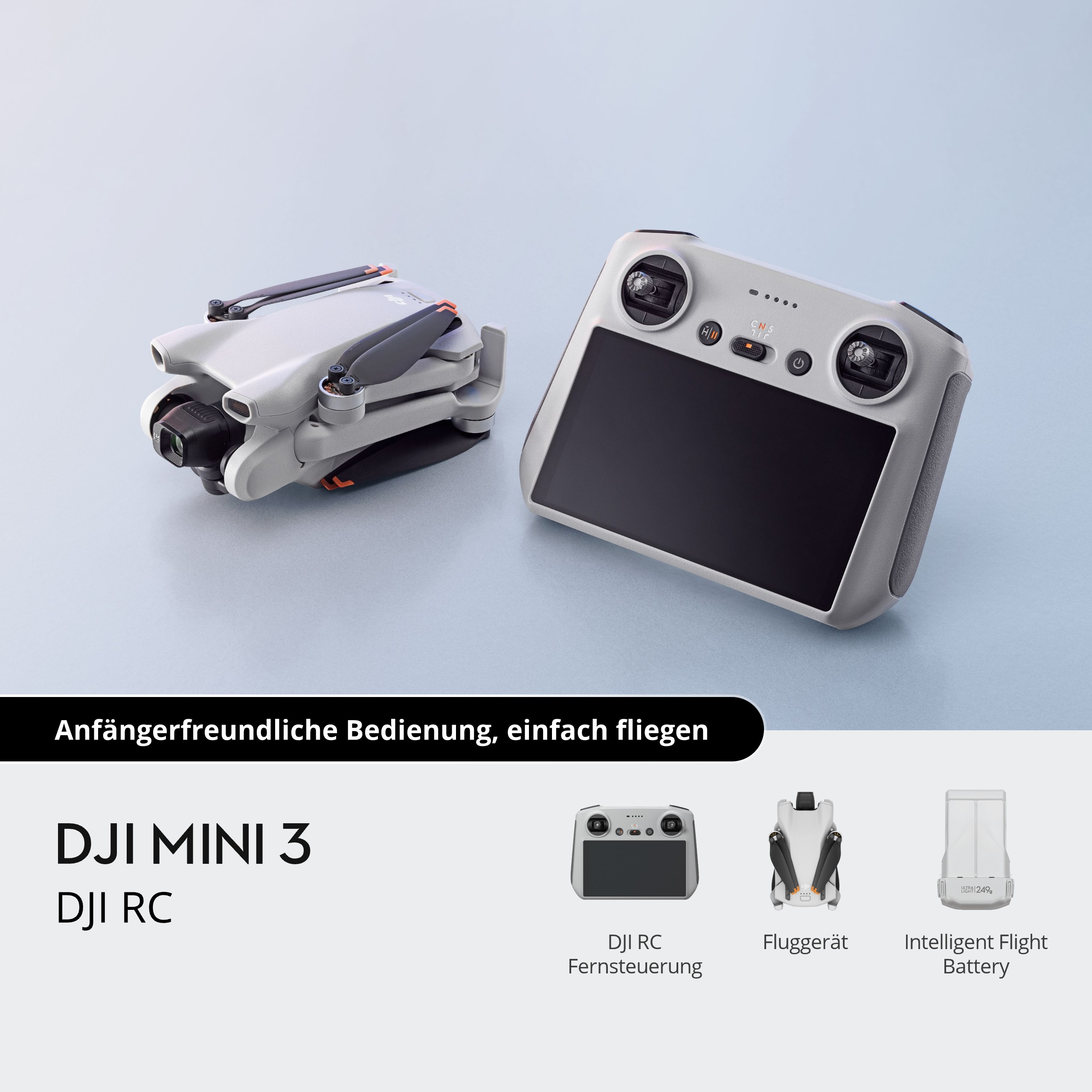 Zusammengeklappte Drohne neben einer Fernbedienung und einer Batterie. Text: DJI Mini 3.