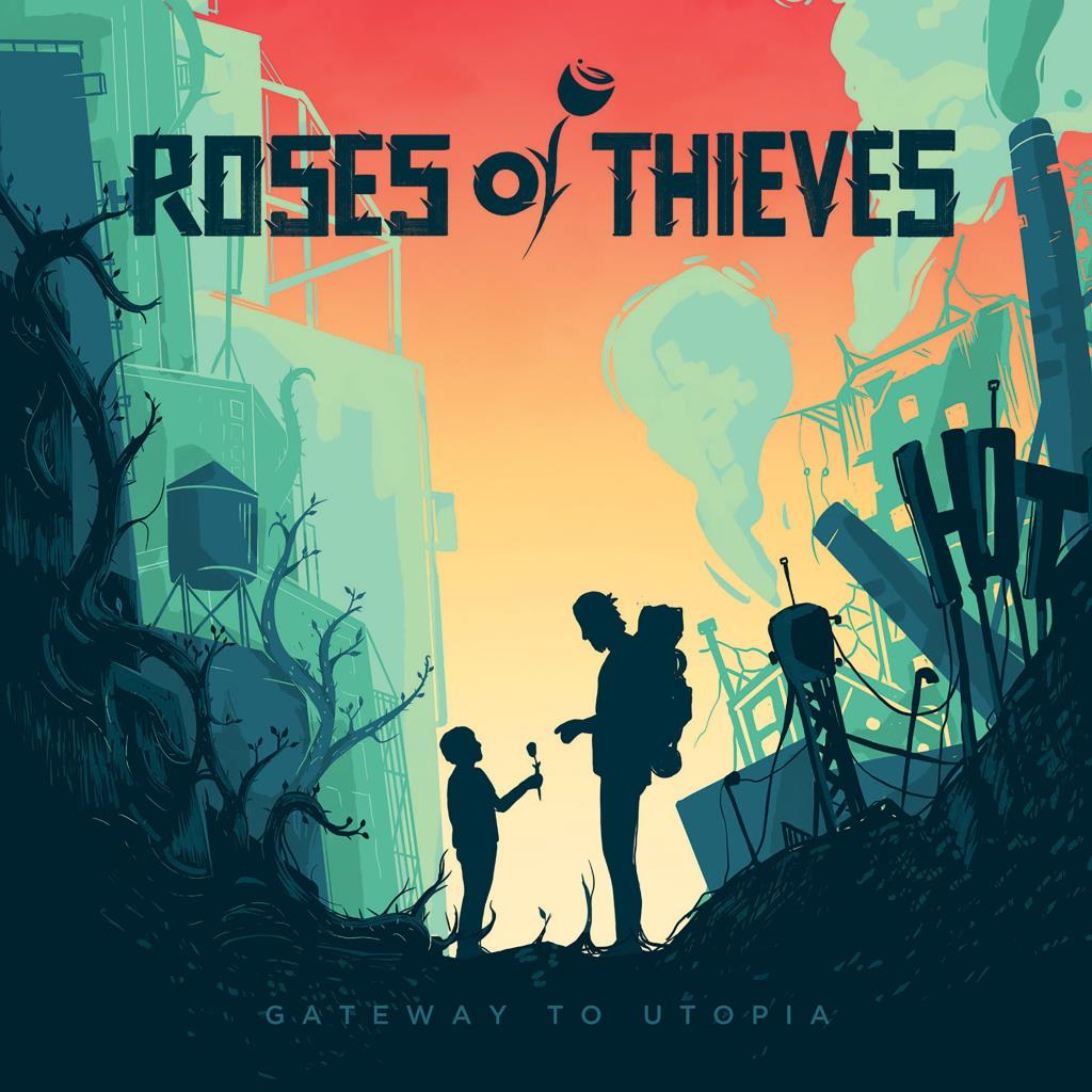 Műalkotás: Egy személy virágot ad egy gyereknek. Egy város sziluettje és színes égbolt felett. Szöveg: Roses of Thieves.