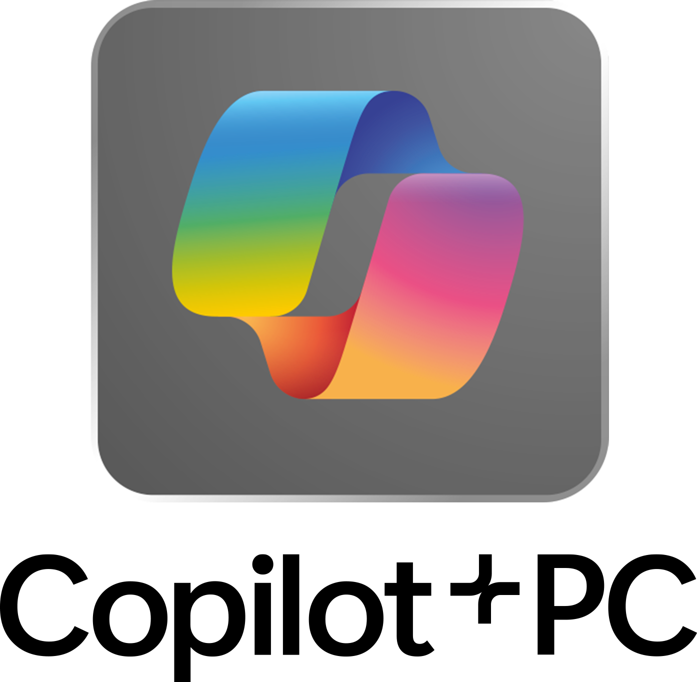 Een regenboogkleurig lintlogo op een grijze vierkant met afgeronde hoeken, tegen een zwarte achtergrond.
