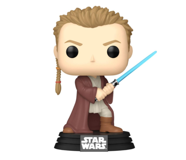 Figurka Funko Pop Anakina Skywalkera. Trzyma niebieski miecz świetlny, w brązowej szacie, czarna podstawa.