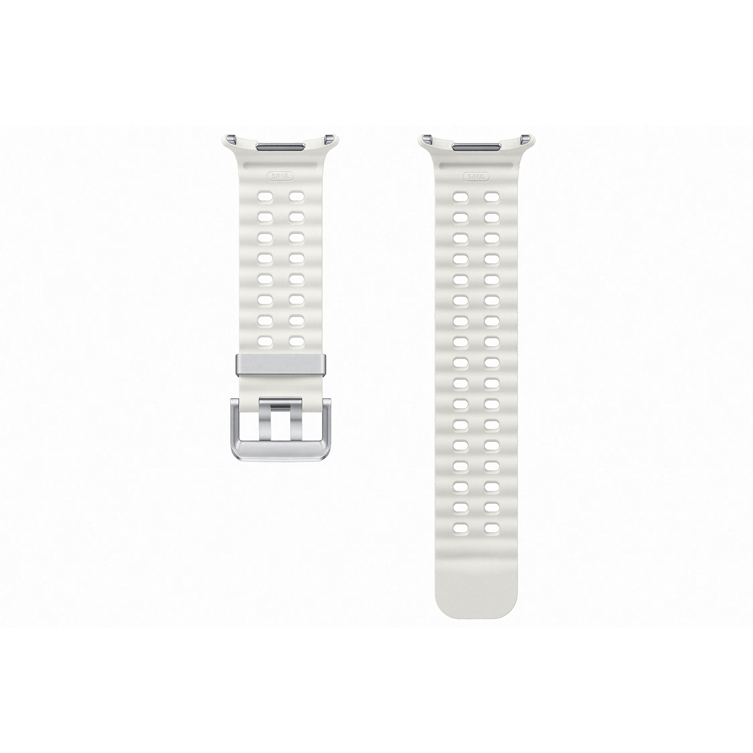 Dos correas de reloj blancas con hebillas plateadas sobre fondo blanco.