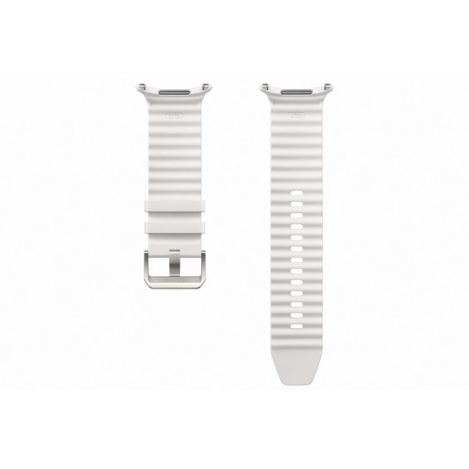 Dos correas de reloj blancas con diseño acanalado, una con hebilla.