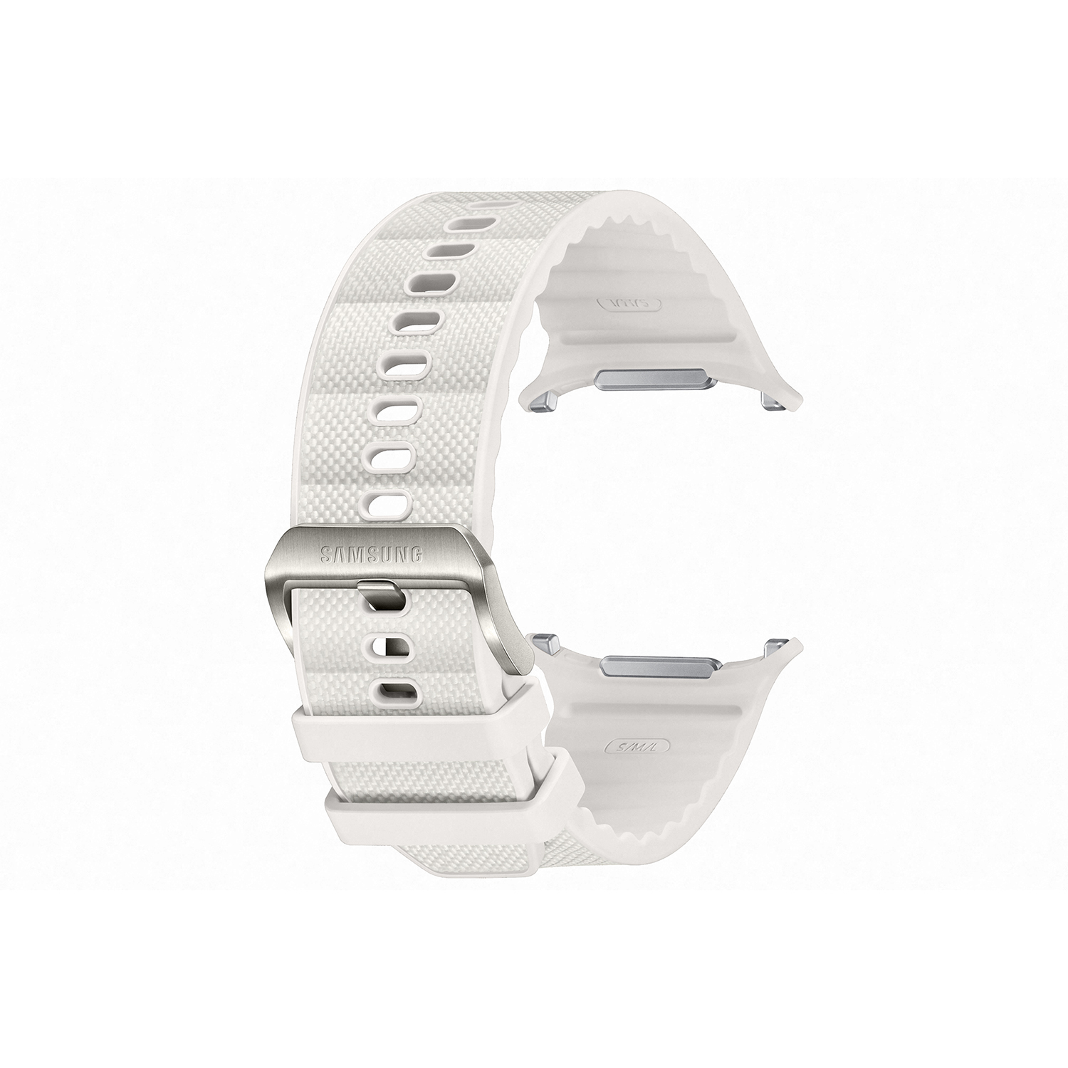 Correa de reloj blanca con hebilla metálica. Correa con material texturizado, con agujeros.