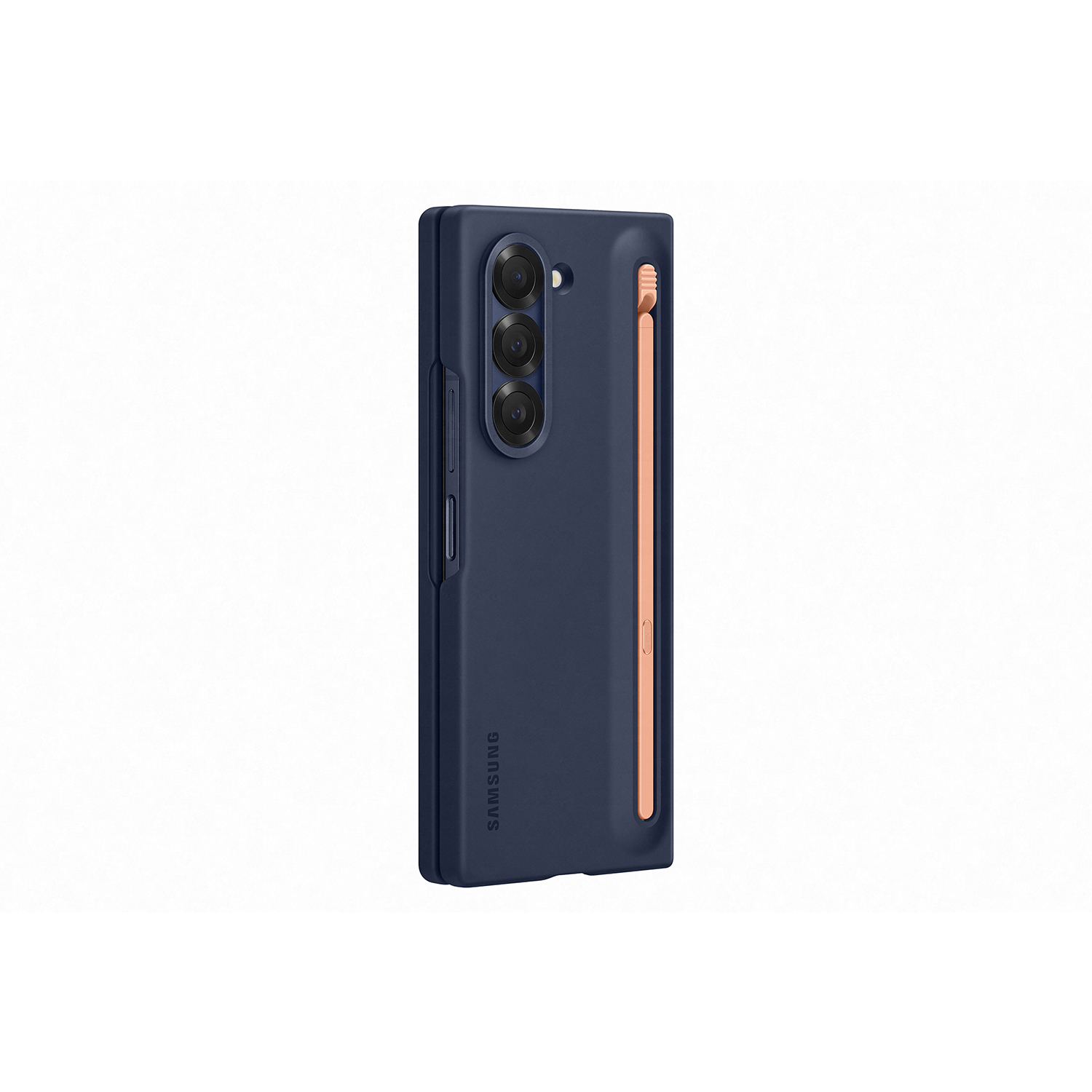 Galaxy Z Fold6 azul marino, plegado, con lápiz óptico y funda. La parte trasera muestra las cámaras.