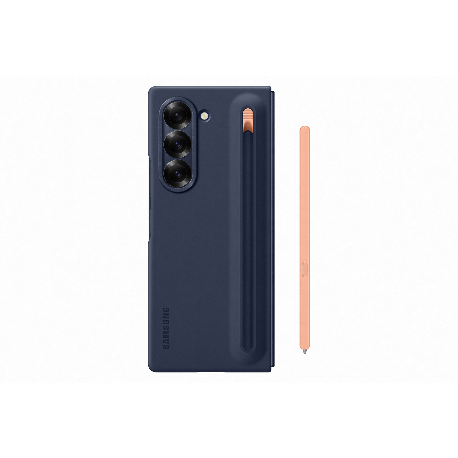 Teléfono plegable azul con lápiz óptico. Texto: Samsung.