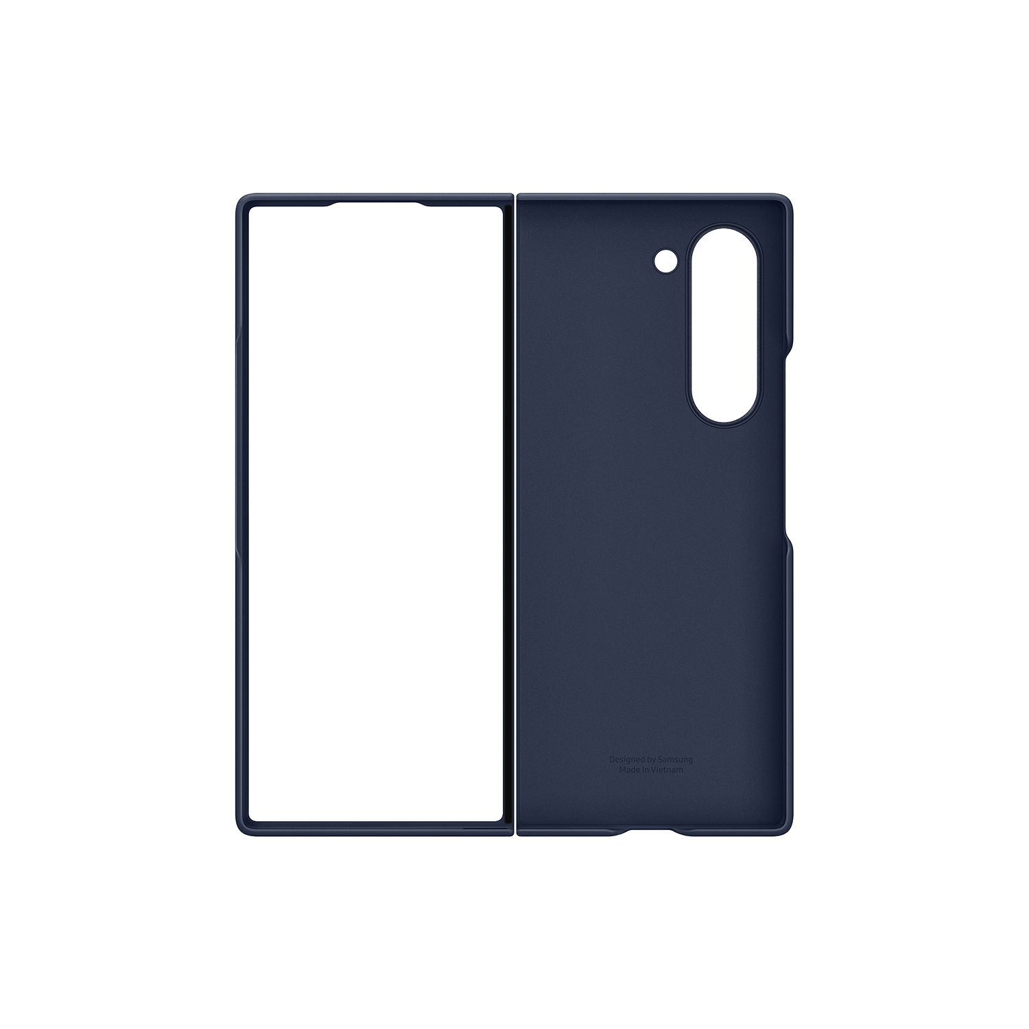 Una funda de teléfono azul oscuro, abierta, mostrando el interior con el logo de Samsung a la derecha.