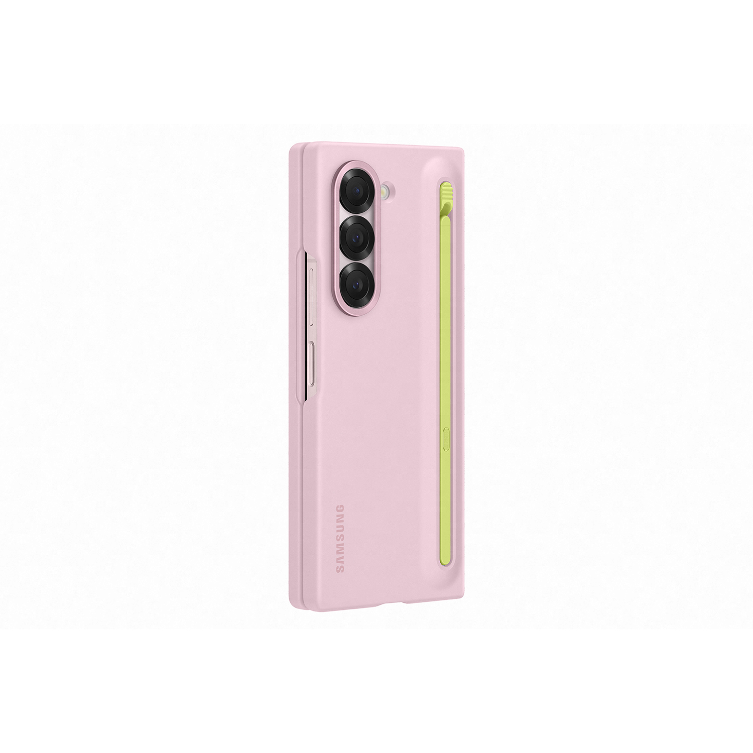 Funda rosa para teléfono con tres cámaras, un lápiz óptico y la marca Samsung sobre fondo blanco.