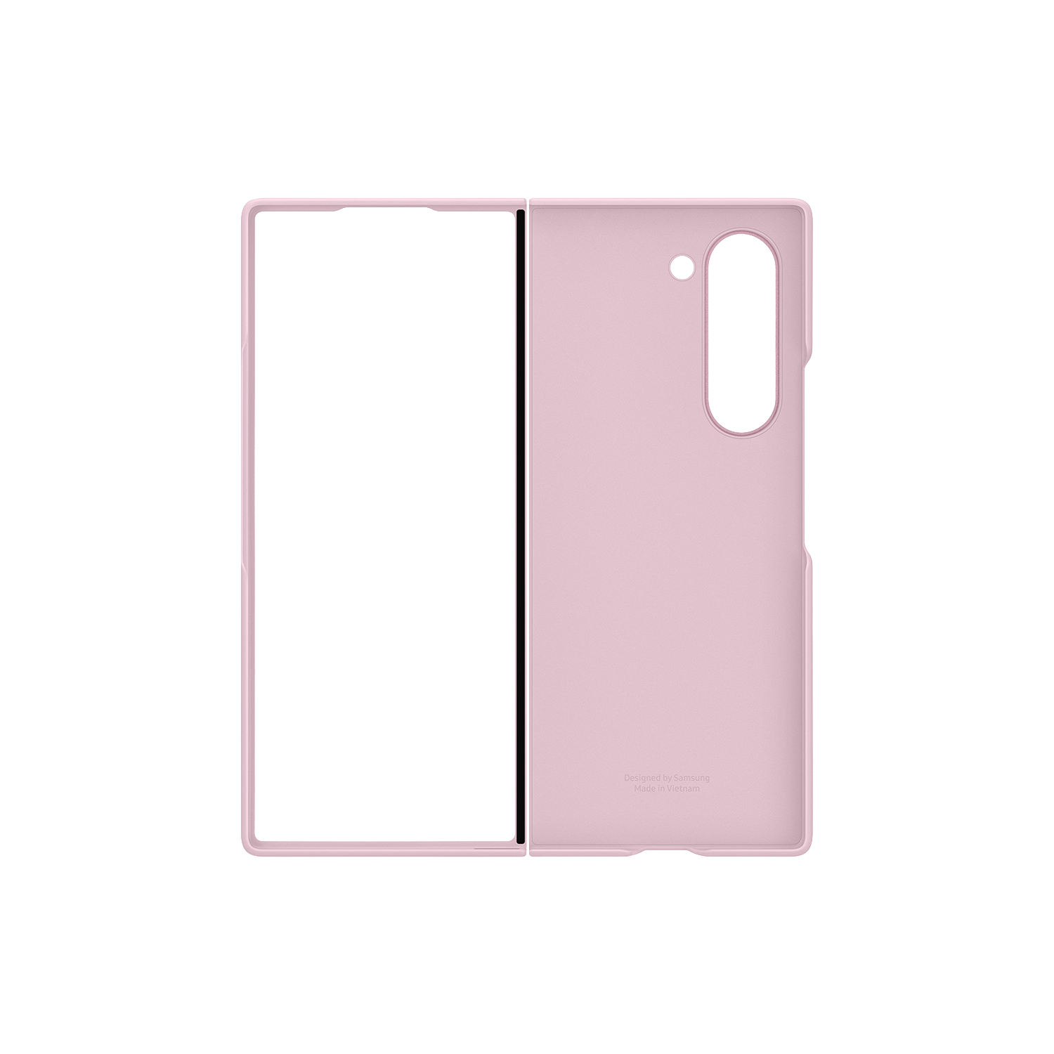Una funda de teléfono rosa abierta y mostrando el interior.