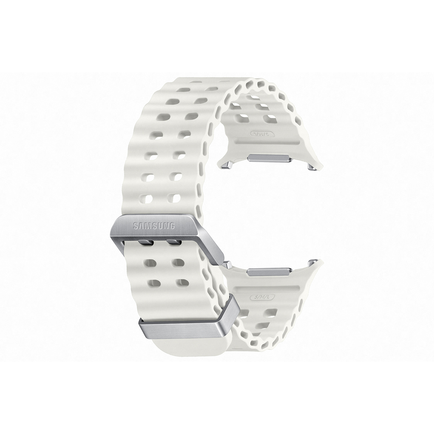 Una correa de reloj blanca y perforada con una hebilla plateada. La correa está diseñada para un smartwatch Samsung.