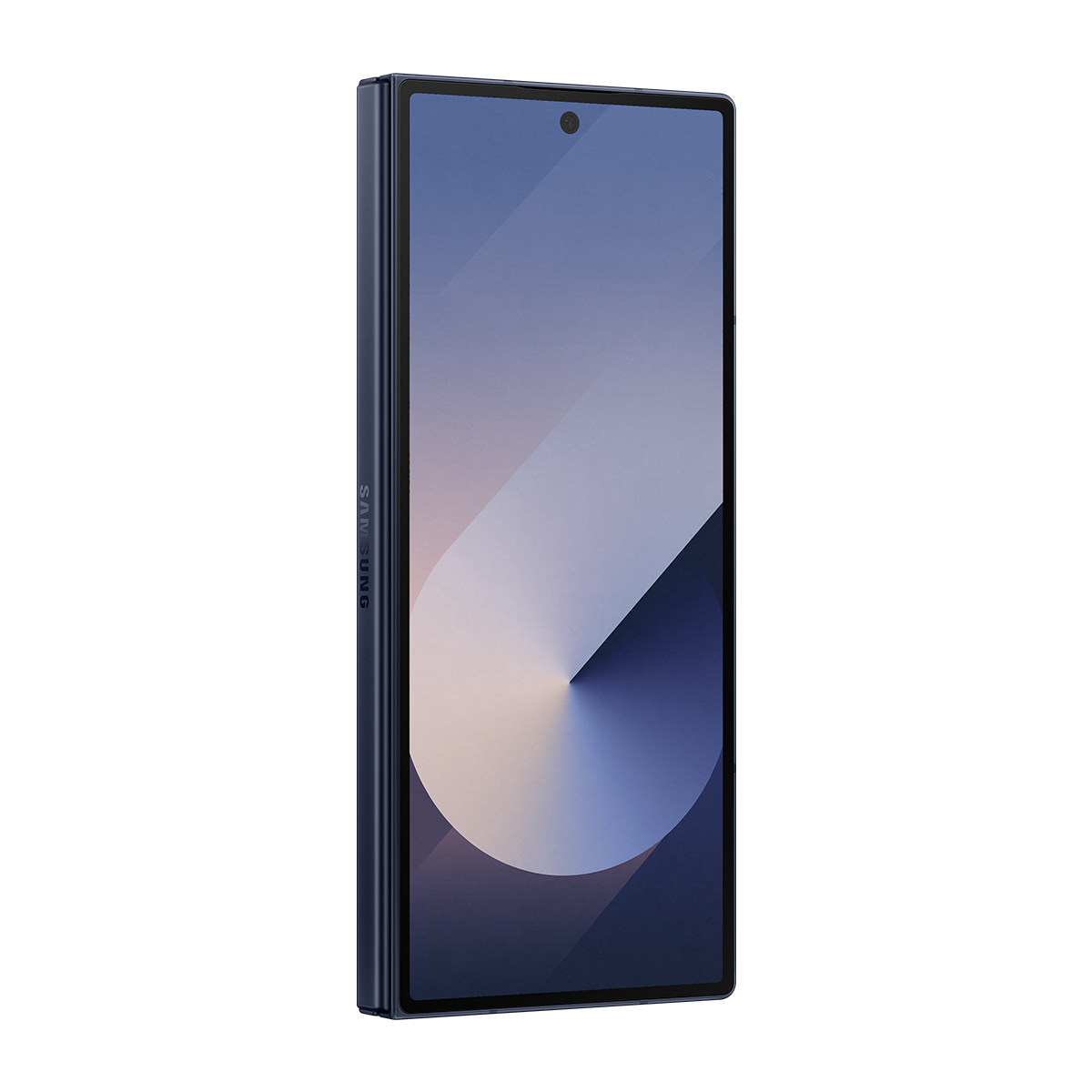 Mavi telefon, kapalı, yan tarafında Samsung logosu var.