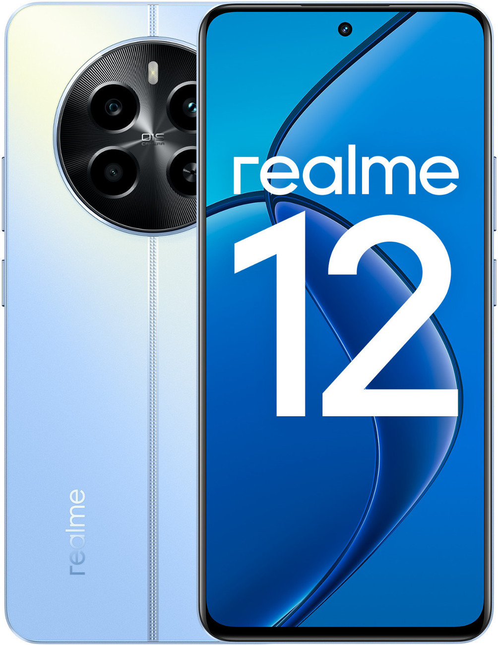 Jasnoniebieski telefon Realme 12, pokazujący tył z aparatami i przód z numerem 12.
