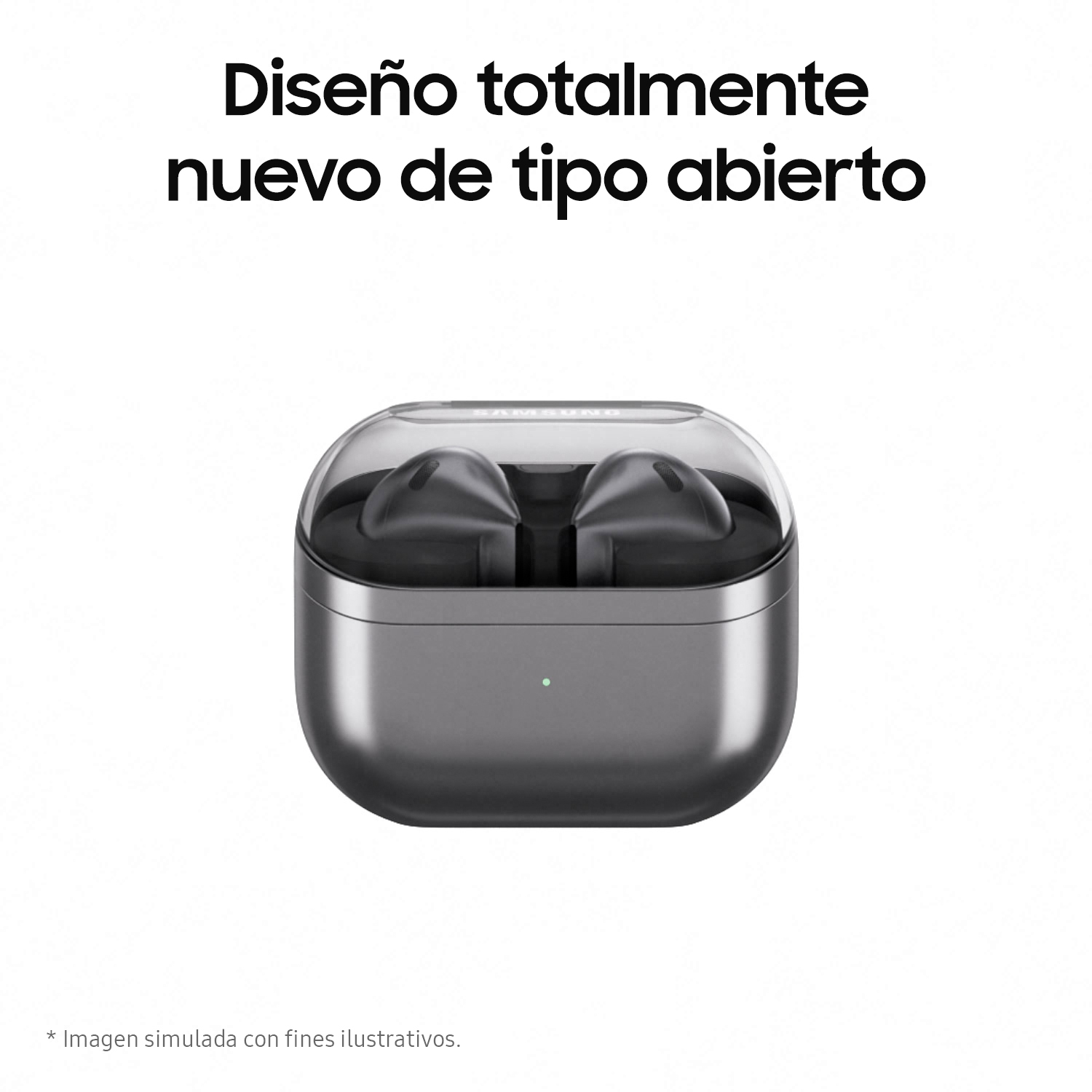 Un estuche con auriculares negros dentro, tapa transparente y texto sobre fondo blanco.
