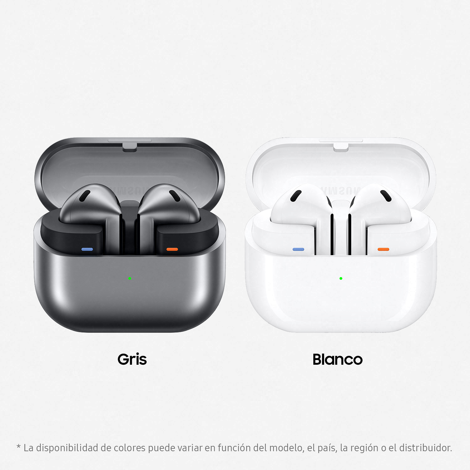 Dos estuches para auriculares, gris y blanco. El estuche gris está abierto con auriculares dentro.