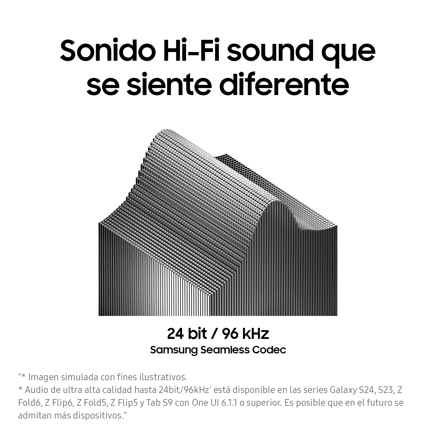 Una imagen gráfica que representa ondas sonoras y el texto '24 bits / 96 kHz'.
