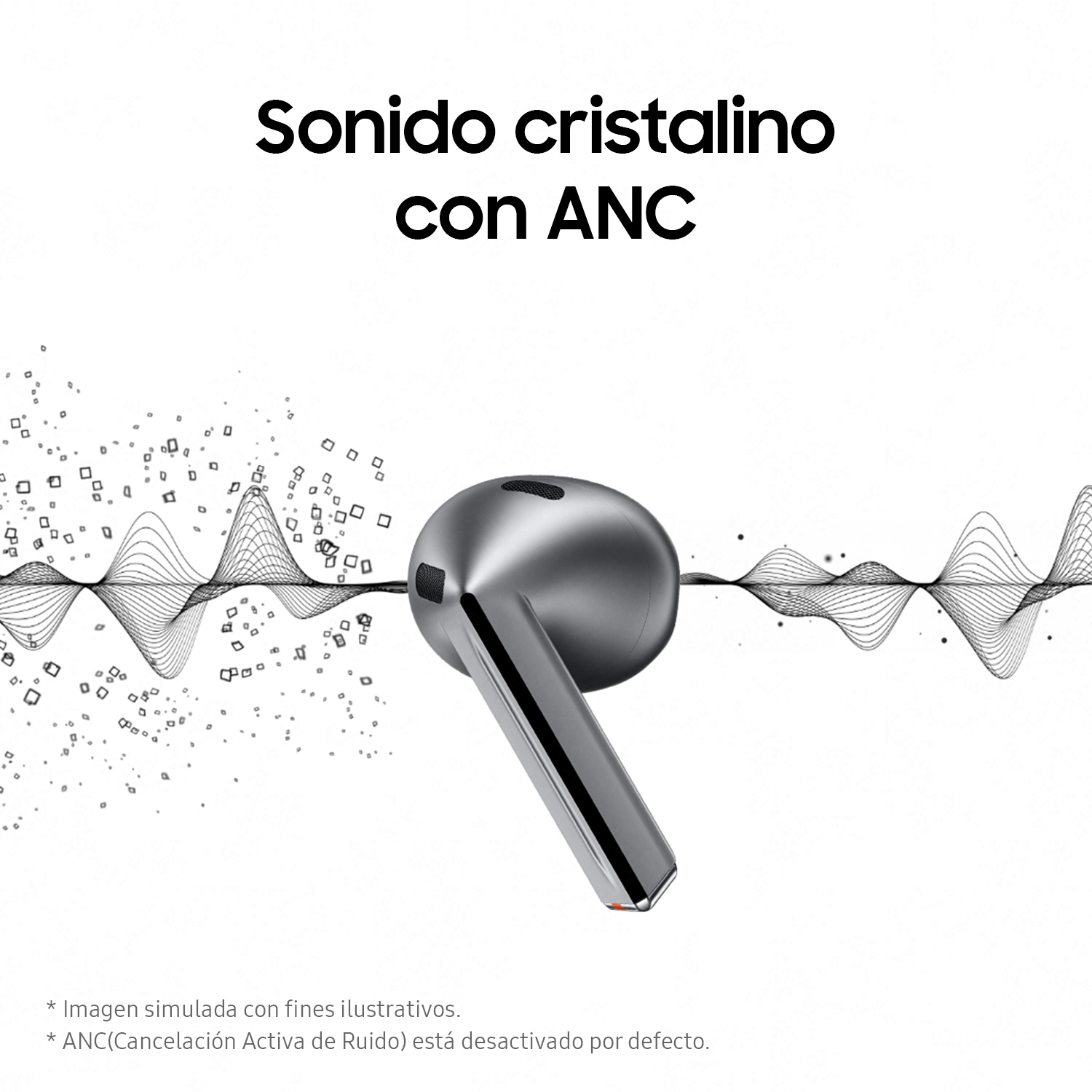 Auriculares plateados con un tallo negro. Las ondas de sonido emanan de los auriculares. Texto: 'Sonido cristalino con ANC'.