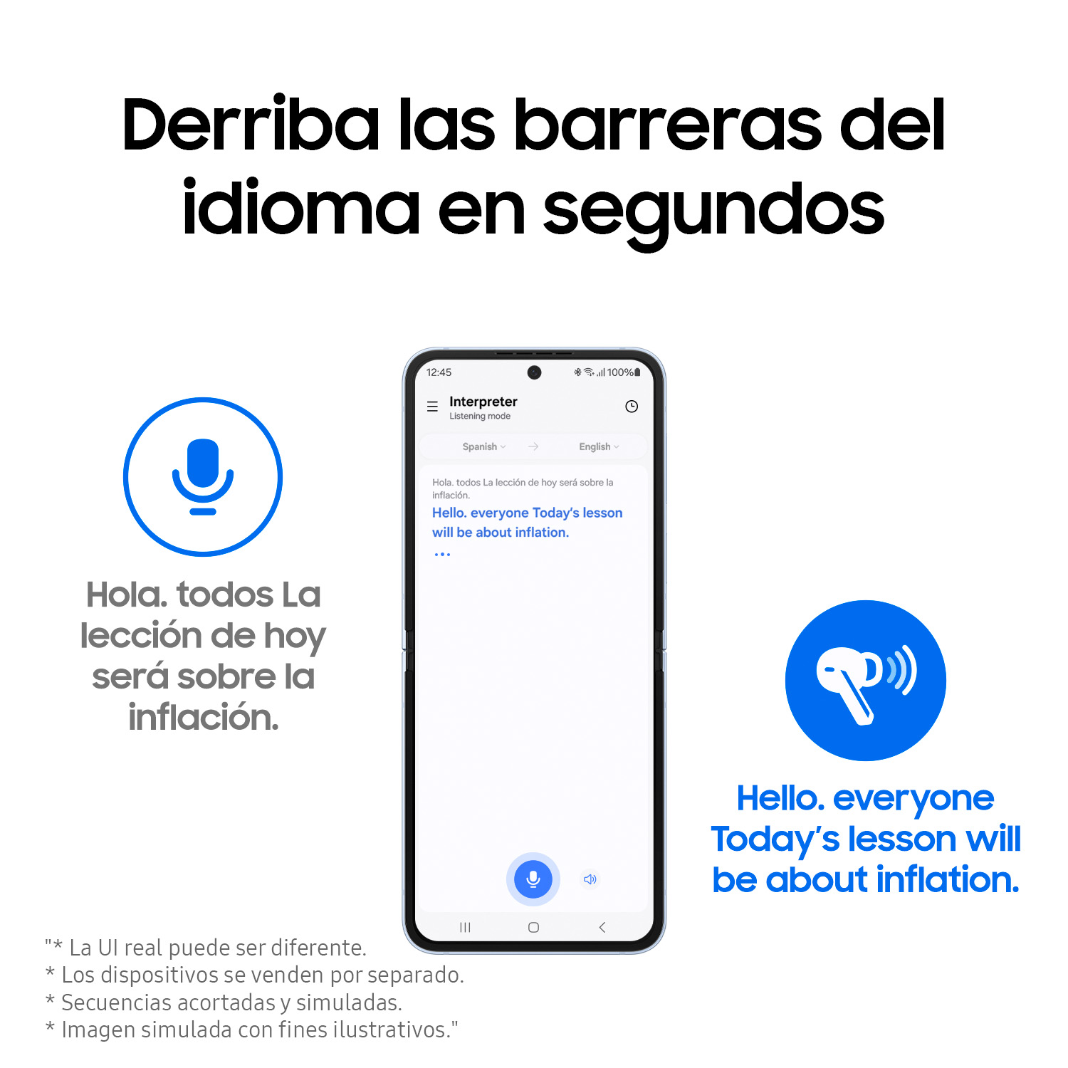 Un teléfono con texto en inglés y español. Elementos gráficos azules y blancos.