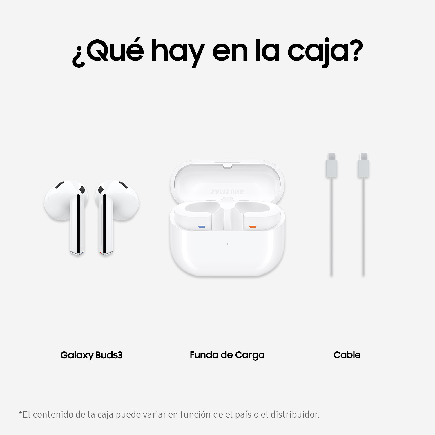 Una imagen muestra el contenido de una caja, incluidos auriculares, un estuche de carga y dos cables de carga.