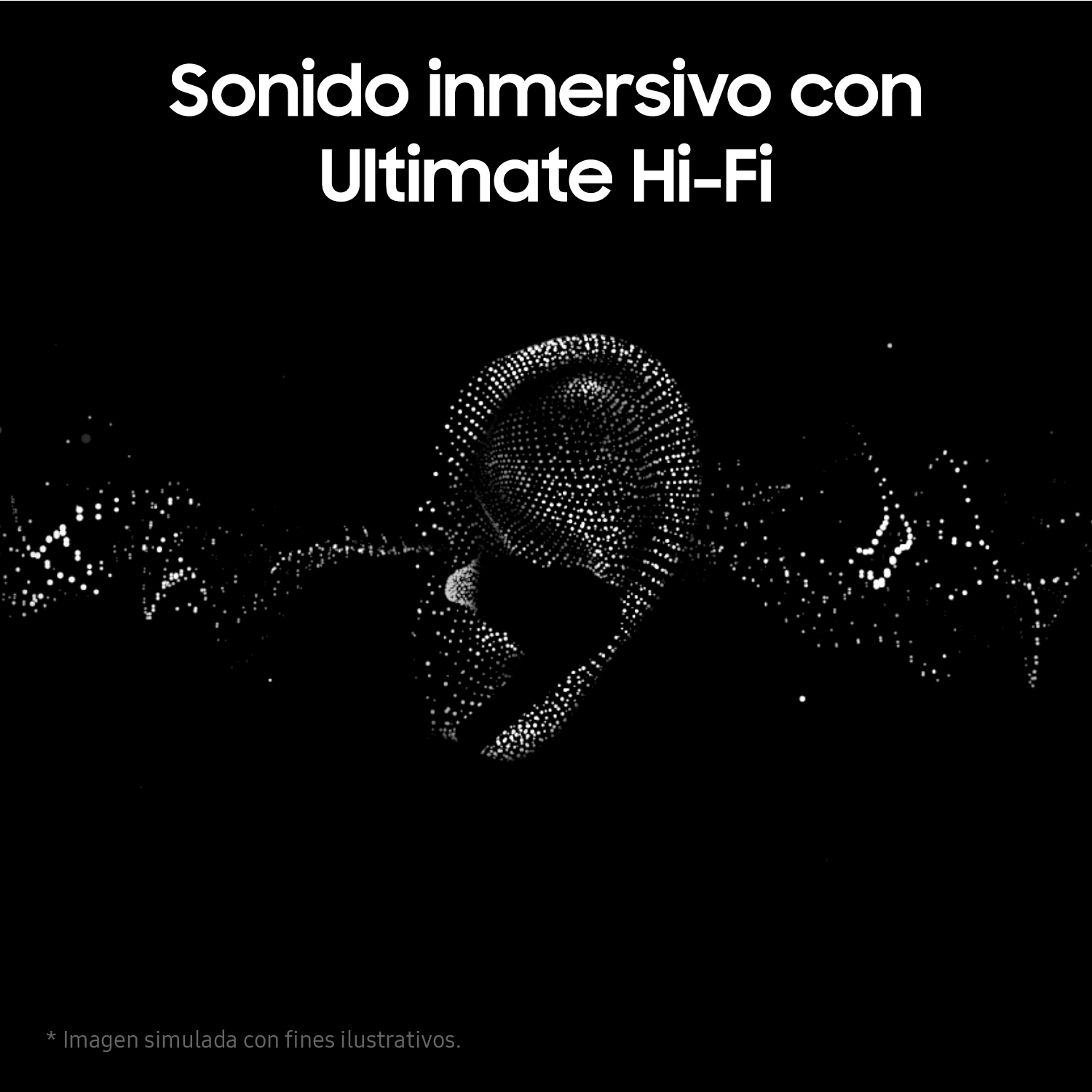 Imagen abstracta de una onda de sonido, con puntos blancos sobre un fondo negro. Texto: 'Sonido inmersivo con Ultimate Hi-Fi'.