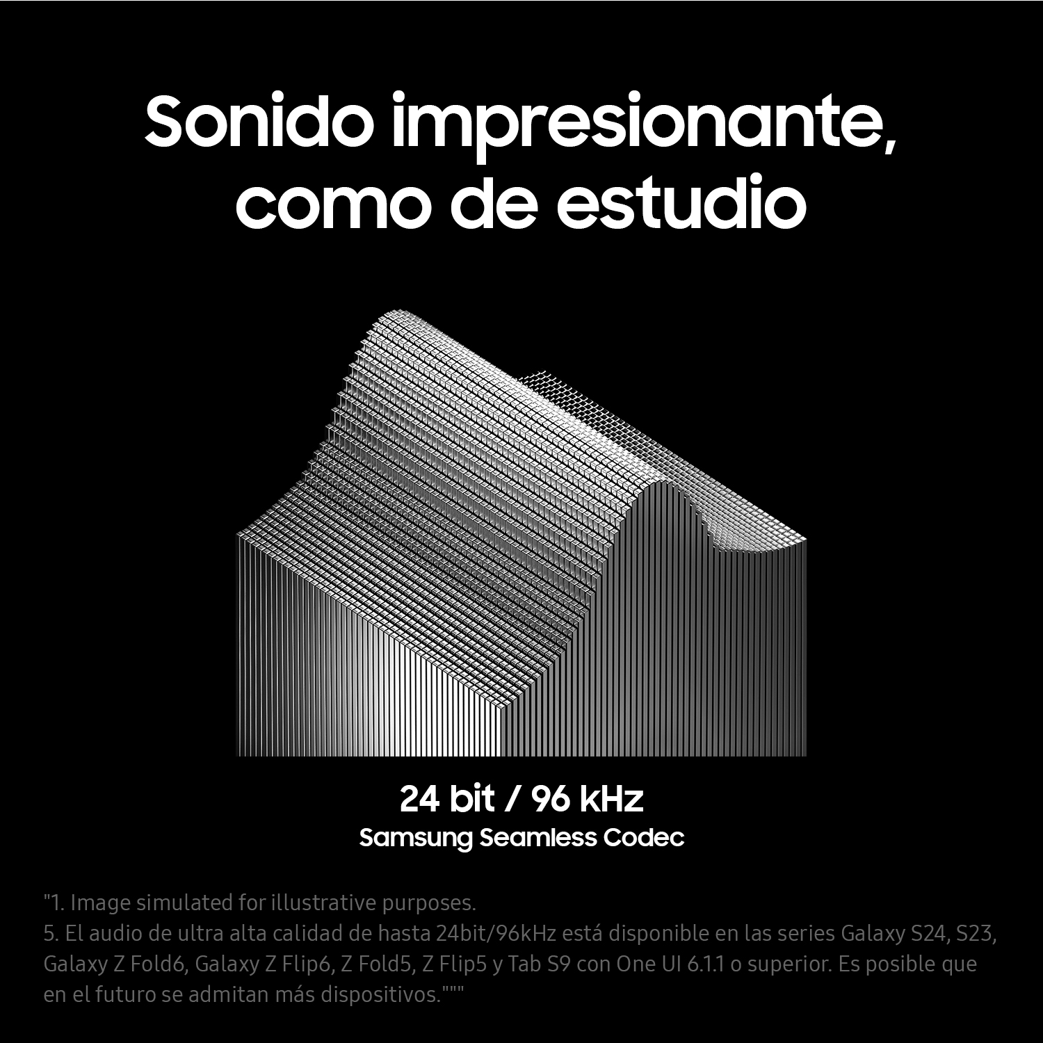 Fondo negro con texto blanco. Dice 'Sonido impresionante, como de estudio'.