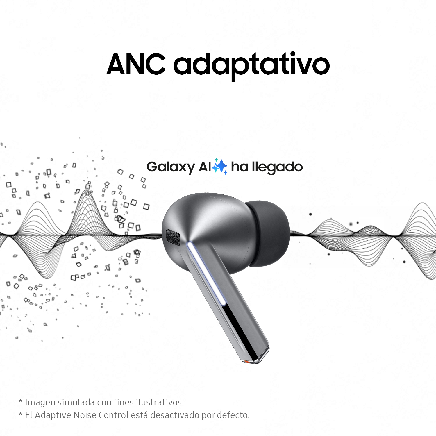 Auriculares con control de ruido adaptativo. La imagen muestra ondas de sonido y el texto 'Galaxy AI'.