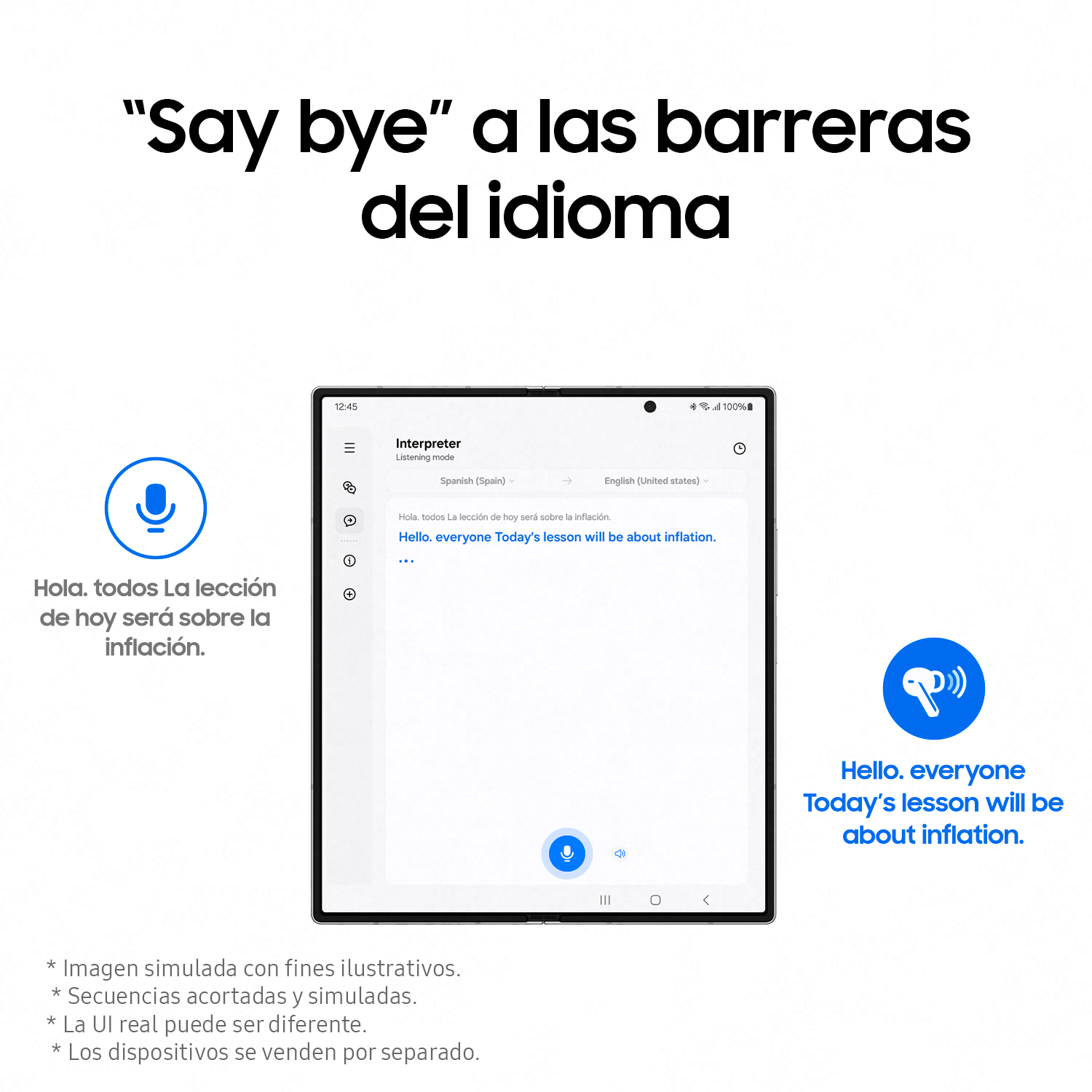 Tableta mostrando traducción de idiomas con icono de micrófono y sonido.