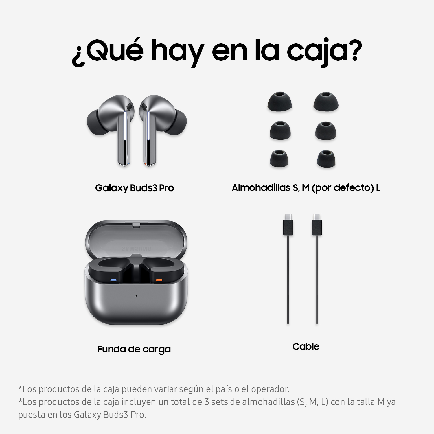 Auriculares, estuche de carga y puntas adicionales en una superficie blanca.