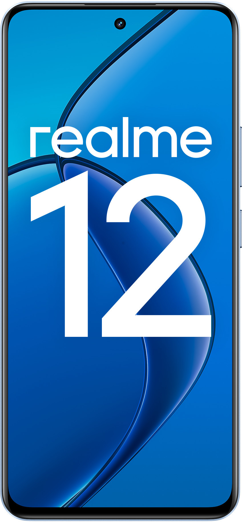 Niebieski telefon z dużym białym 12 i logo Realme. Telefon jest na niebieskim tle.