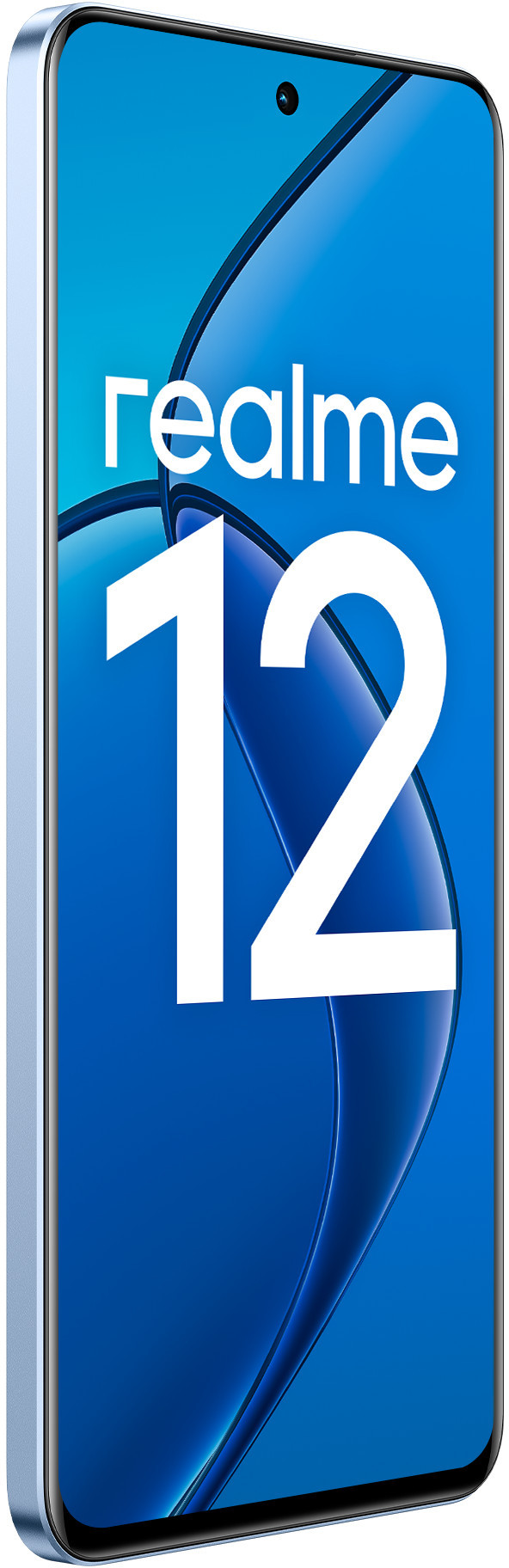 Telefon Realme 12 z niebieską obudową i słowem Realme oraz 12 na ekranie.