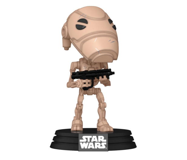 Figurka Battle Droid z Gwiezdnych Wojen. Trzyma czarną broń i stoi na czarnej podstawie z logo.