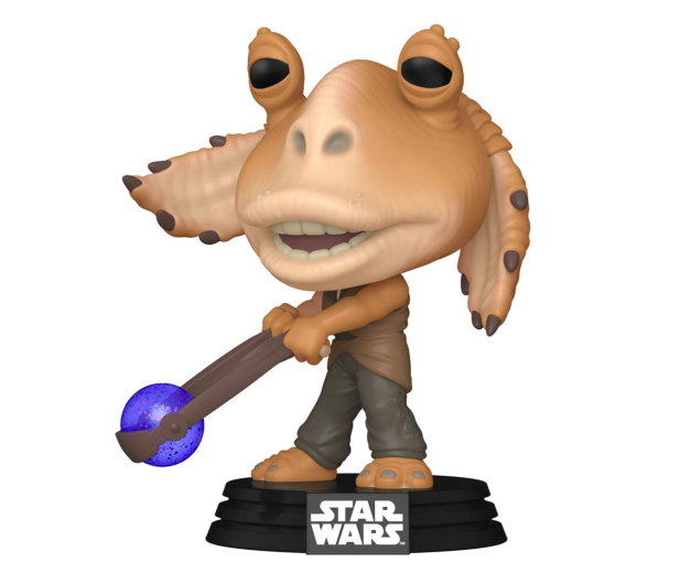 Figurka Jar Jar Binksa trzymająca laskę z niebieską świecącą kulą, na podstawie Star Wars.
