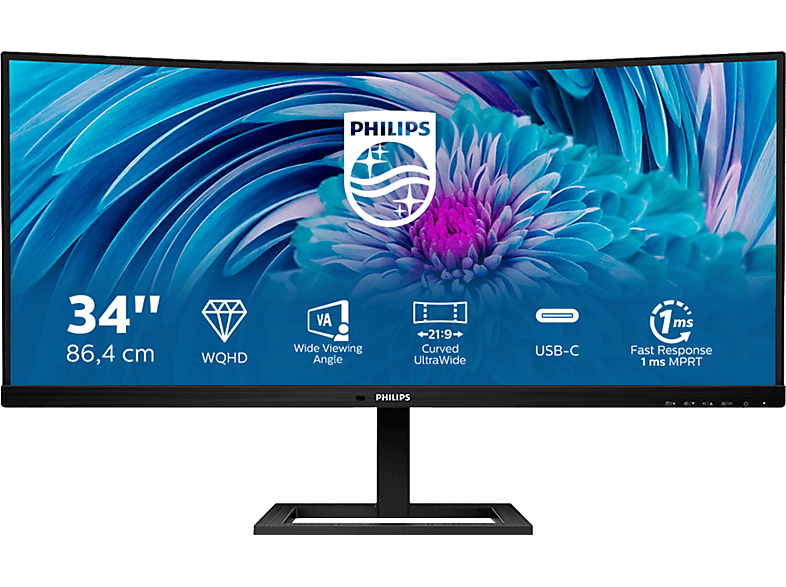REACONDICIONADO Seminuevo Muy bueno Monitor - Philips 346E2CUAE/00, 34"QHD, 100Hz, 1ms, VA Curvo, USB-C, FreeSync Premium, Altura ajustable, Altavoces