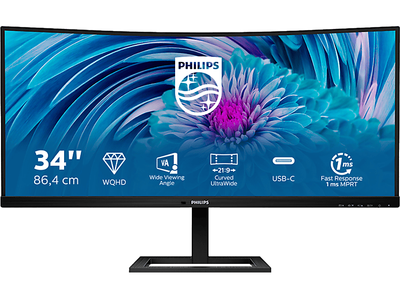 Monitor - Philips 346E2CUAE/00, 34 ", QHD, 1 ms, 100 Hz, x1 DisplayPort, HDMI, USB-C, Negro