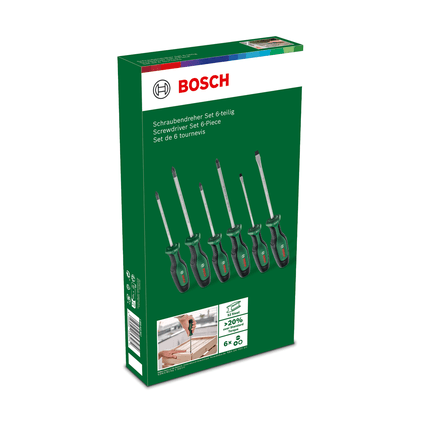 Bosch csavarhúzó készlet zöld-fehér dobozban, hat csavarhúzó látható.