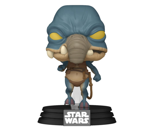 Niebieskoskóra postać obcego z Gwiezdnych Wojen, stojąca na czarnej podstawie z tekstem.