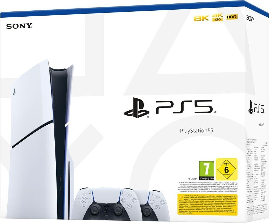 Una caja blanca de PlayStation 5 con la consola y dos mandos visibles.