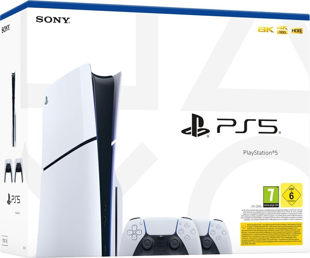 Caja de PlayStation 5 con consola, mandos e información.